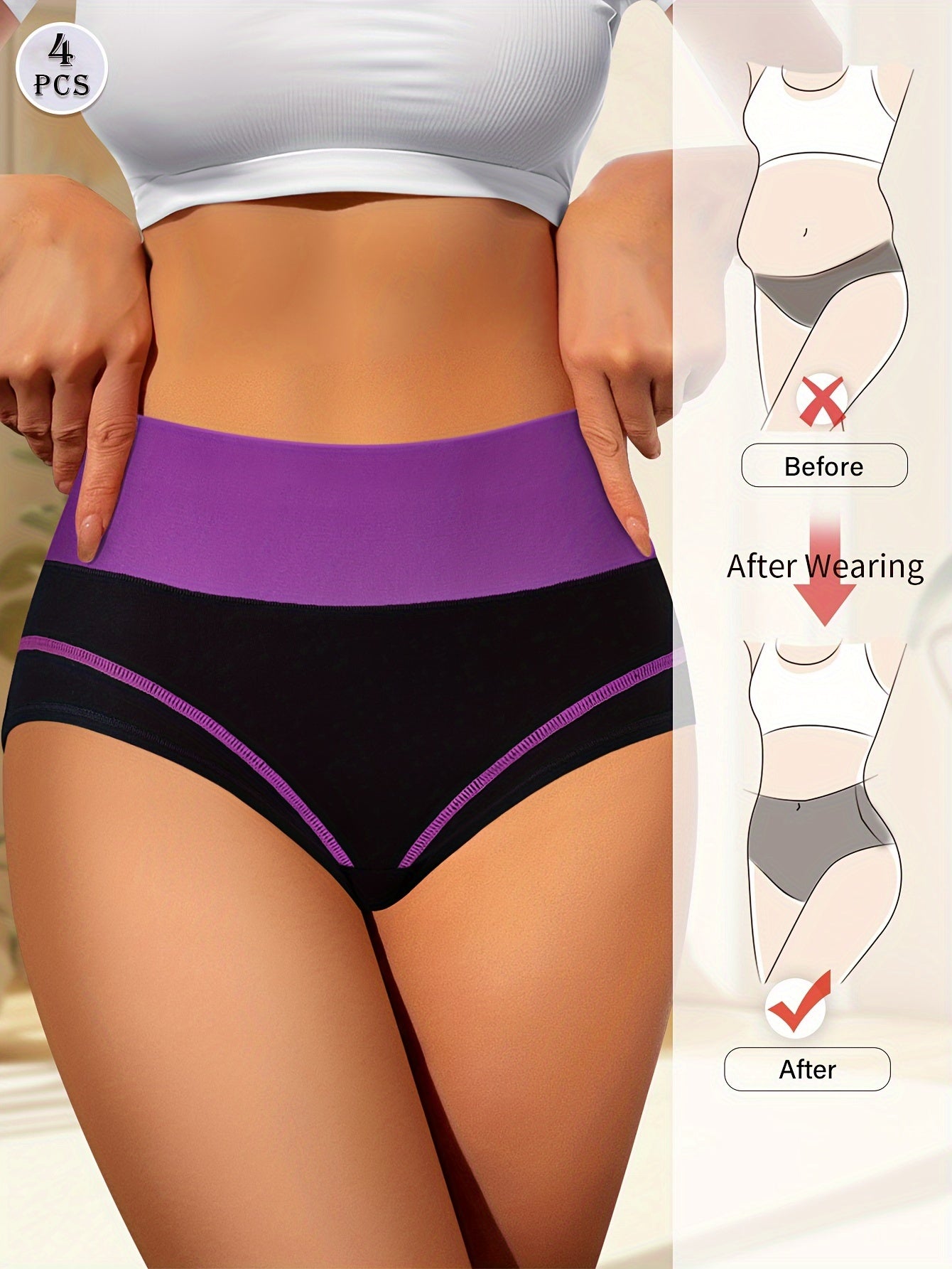 4 high waist tummy control panties with contrast color, comfortable fit.