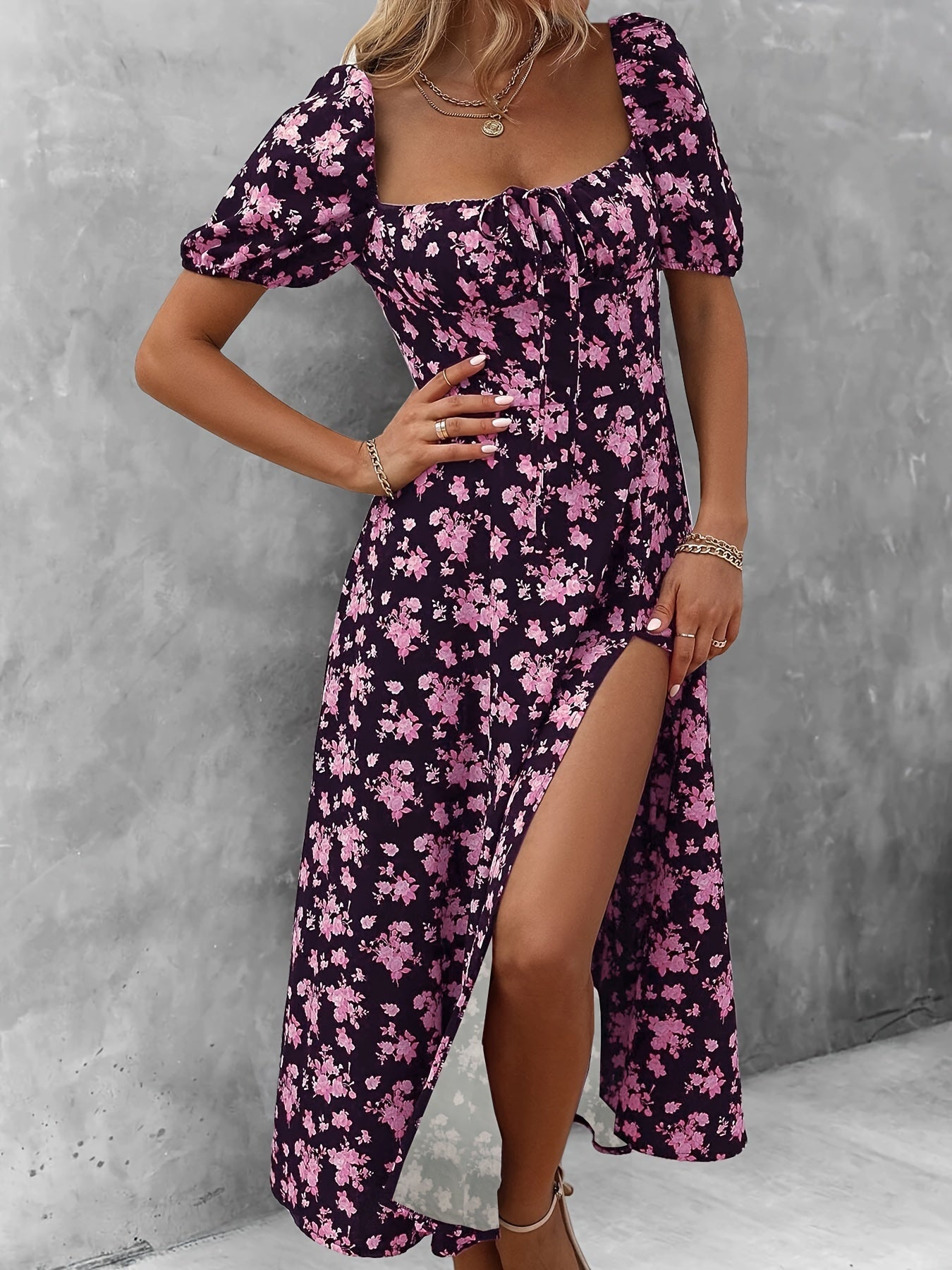 Floral print high slit dress with puff sleeves, perfect for spring and summer.