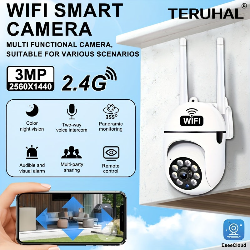 Introducing the Teruhal Smart Security Camera, featuring a 3MP resolution for crystal-clear images, seamless WiFi connectivity, advanced auto-tracking technology, enhanced full-color night vision, intelligent AI motion detection, a wide 355° horizontal