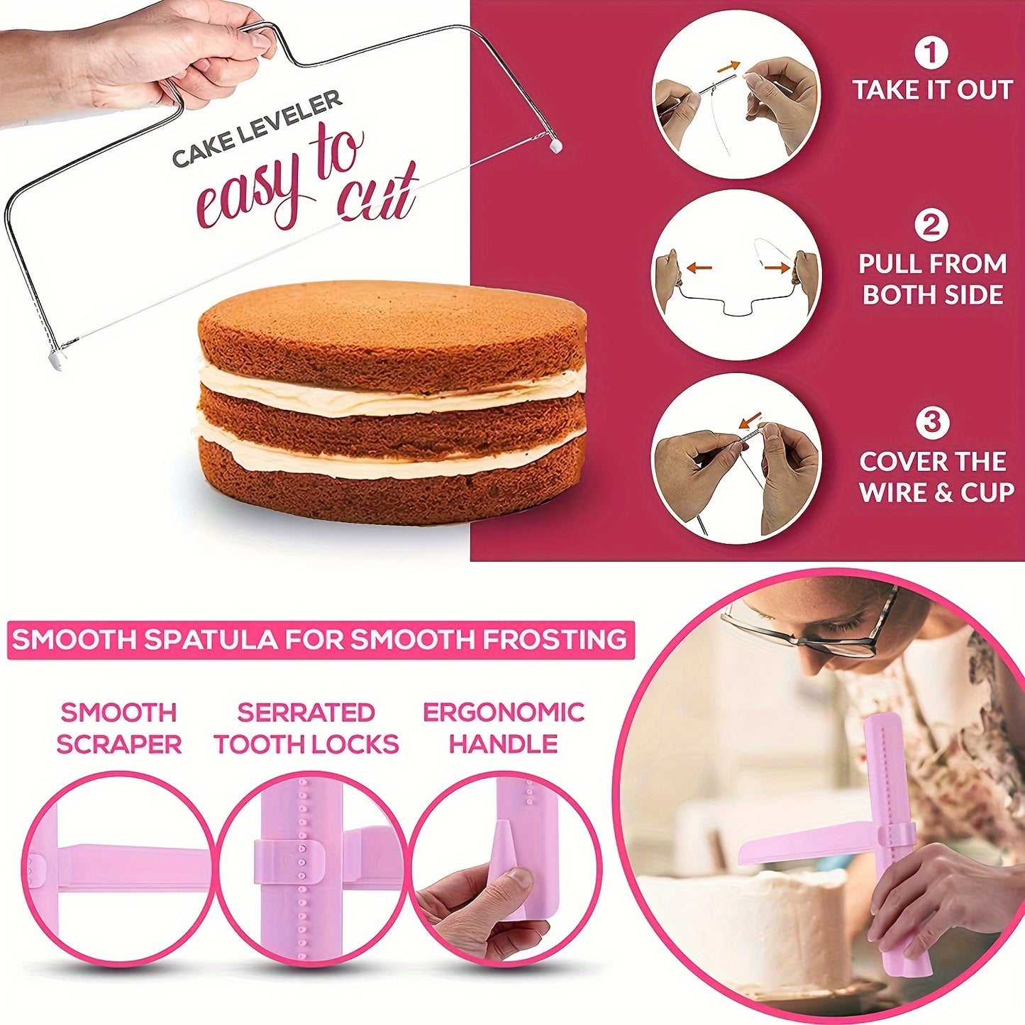 Deluxe cake decorating kit includes 200 pieces with pink turntable, silicone piping tips, reusable bags, and more. Perfect for DIY baking and cake design with food-safe plastic supplies.