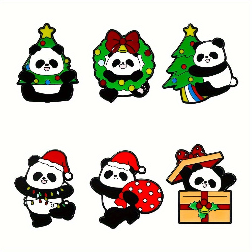 Set of 6 adorable enamel pins featuring cute cartoon pandas, made of durable alloy in animal shapes. Perfect for adding a touch of holiday cheer with novelty Christmas themed lapel badges. These decorative ornaments are great for accessorizing bags and