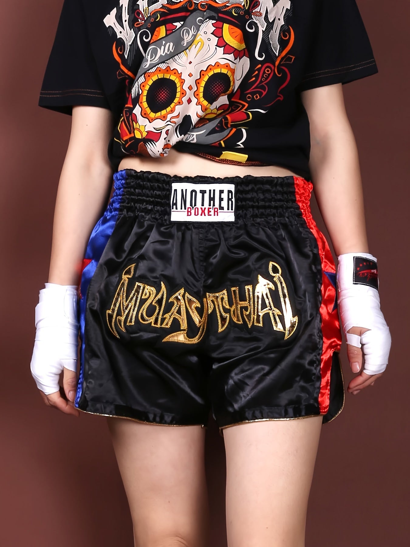 AUTHENTIC VANDALS" Boxing Training Shorts - Lightweight non-stretch polyester with padded support for combat sports in black/blue/red.