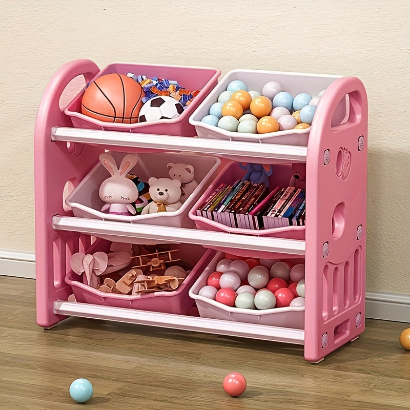 Home storage rack with 6 boxes for easy organization of clothes, toys, books, and other items. Simple installation.