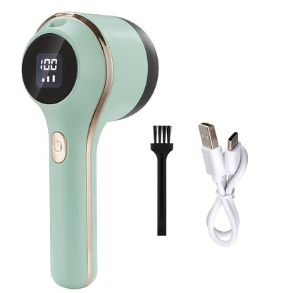 Mint Green Fabric Shaver & Lint Remover with Digital Power Display - 3-Speed USB Rechargeable Sweater Shaver, Type-C Charging, includes Cleaning Brush & Fork, Ideal for Clothes, Blankets