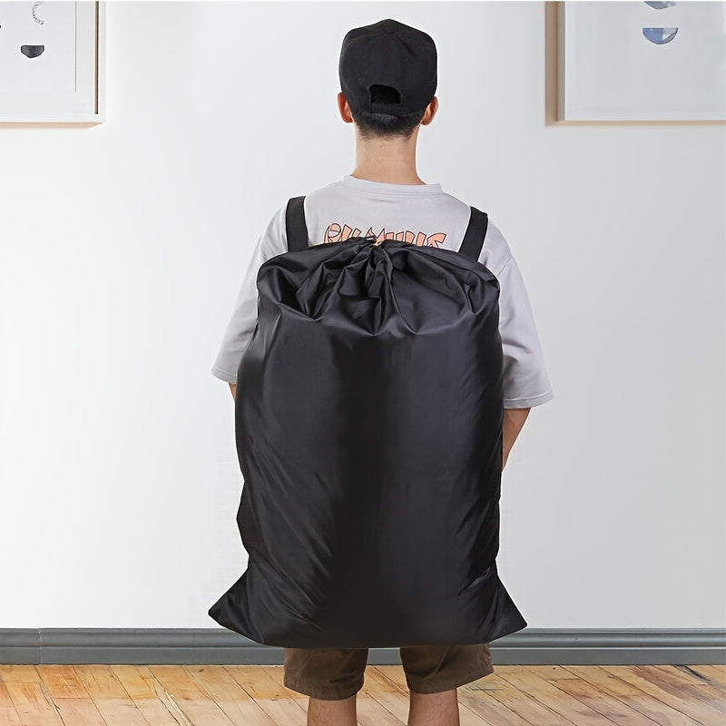 Large laundry backpack with drawstring, made for storing dirty clothes. Includes shoulder straps for easy portability. Ideal for dorms and homes, this durable wash bag saves space while traveling.