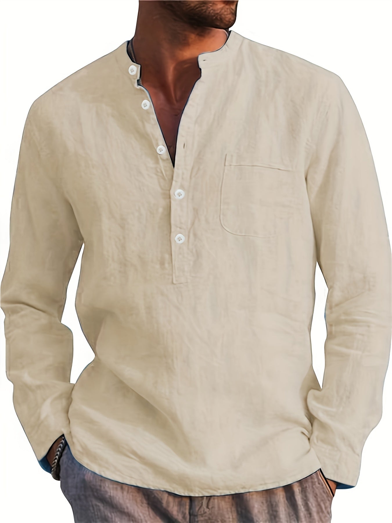 Resort-style plus size men's Henley shirt with long sleeves.