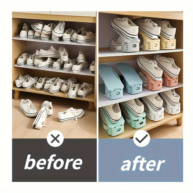 Two-tier stackable shoe organizer made of plastic, suitable for home use. Can be adjusted to save space and without the need for electricity. Versatile for use in bedrooms, living rooms, and dorms.