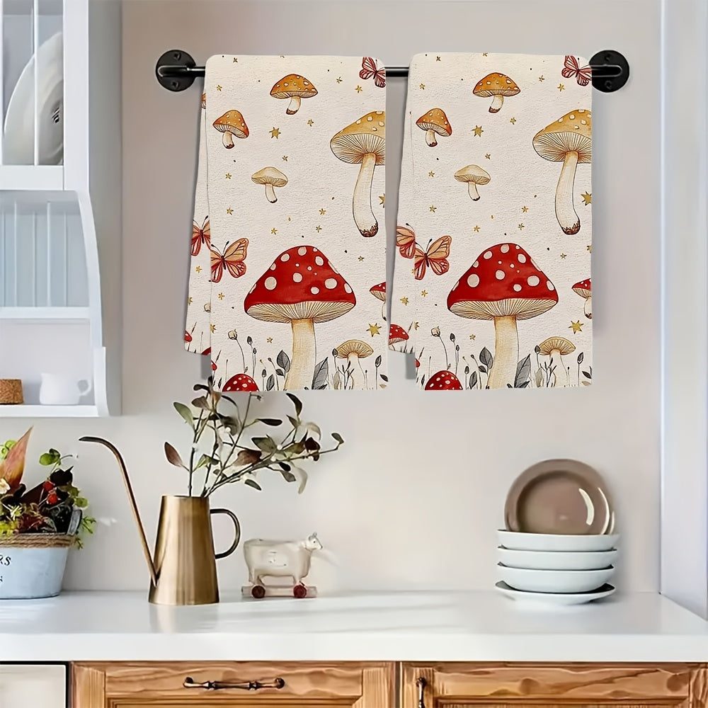 Two whimsical mushroom and butterfly kitchen towels made from ultra soft and highly absorbent polyester. These dish cloths are machine washable and measure 40.64x60.96 cm. Perfect for adding a touch of holiday decor to your kitchen, these towels are both