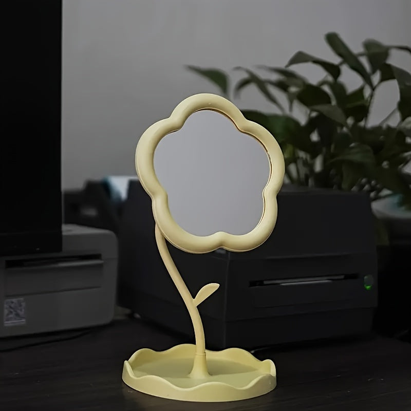 Boxed trumpet cosmetic mirror with flower design, high-definition glass, adjustable bracket, ideal for dressing tables. Perfect for beauty enthusiasts, room décor, and dressing table installation. Plastic frame.