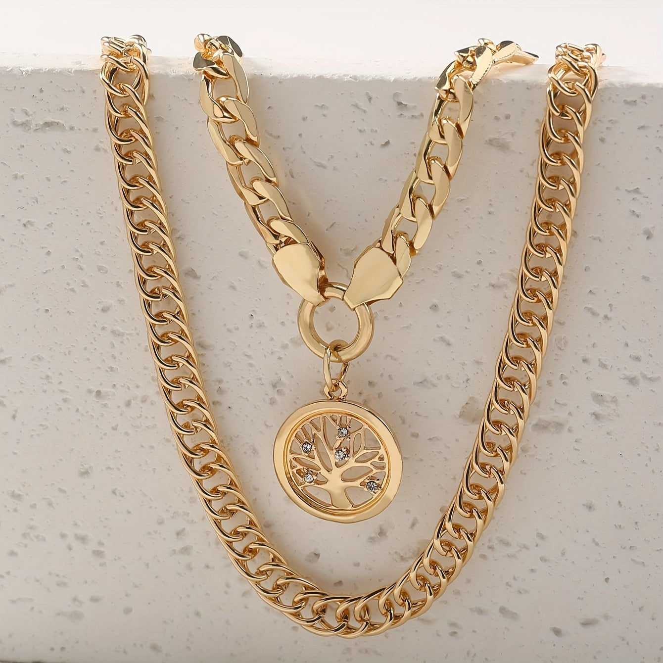 Set of 2 Layered Necklaces, featuring a Classic Retro Tree of Life Pattern Pendant and Chunky Cuban Link Chain. Perfect for adding a trendy touch to your vacation wardrobe.