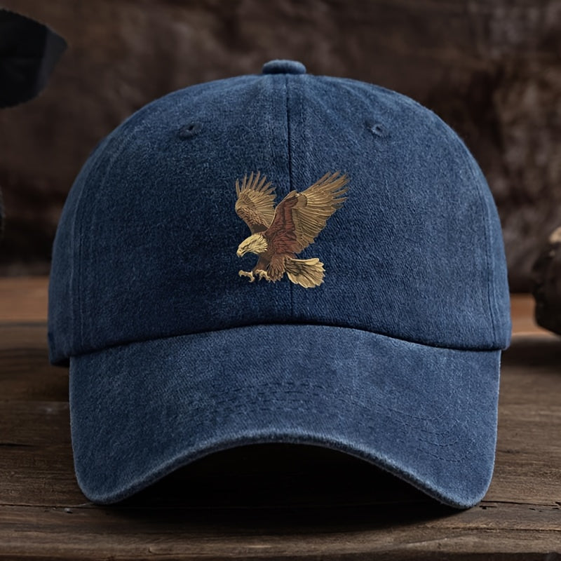 Men's adjustable dark blue baseball cap with eagle print. Made of machine washable polyester for sun protection and durability.