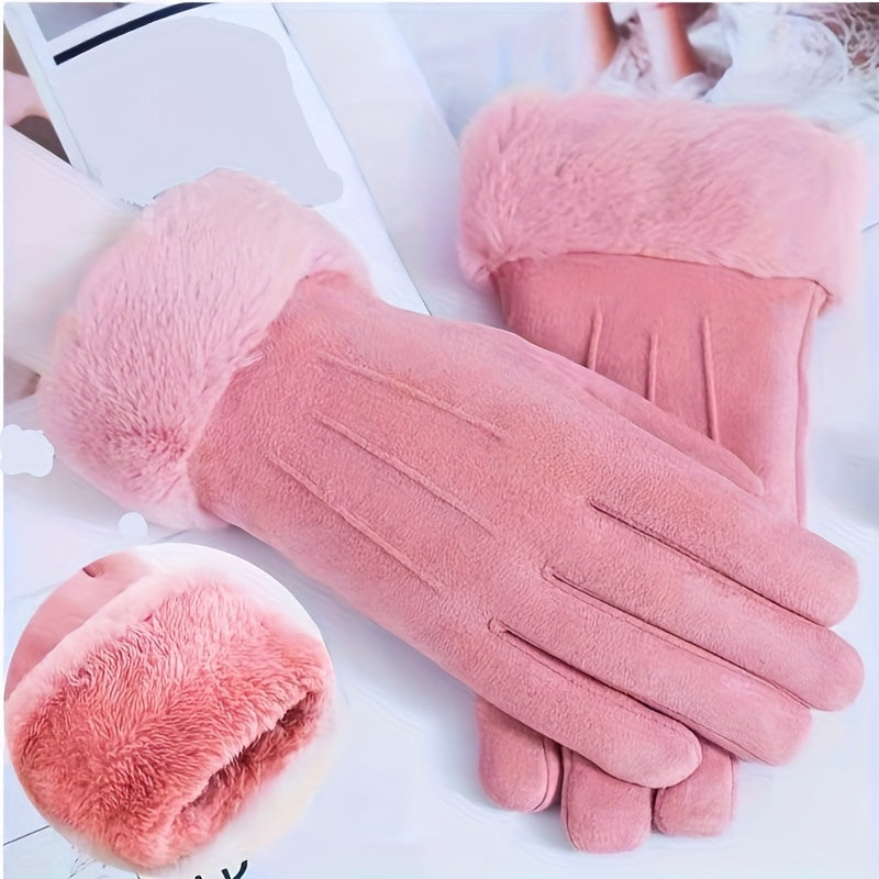 Soft Plush Cuff Suede Gloves in Solid Color with Added Velvet for Extra Warmth - Women's Autumn and Winter Gloves for Wind and Cold Protection