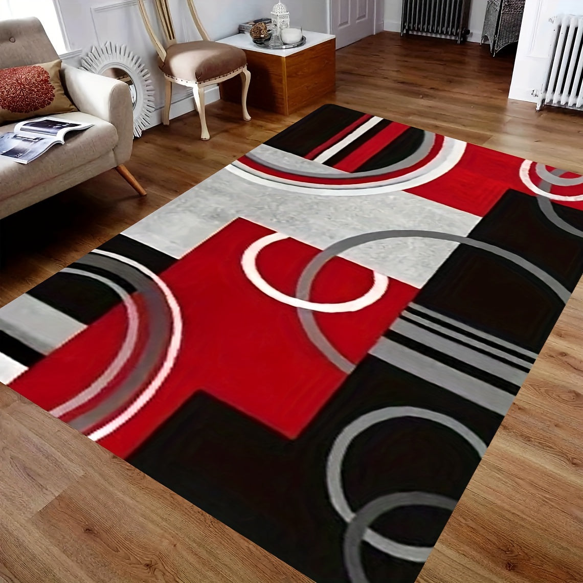 Add Style to Your Space with this Popular Choice: Geometric Pattern Soft Floor Mat for Living Room and Kitchen - Available in Red, Black, or Gray | Anti-Slip, Stain-Resistant, 480g/sqm, 1cm Thickness