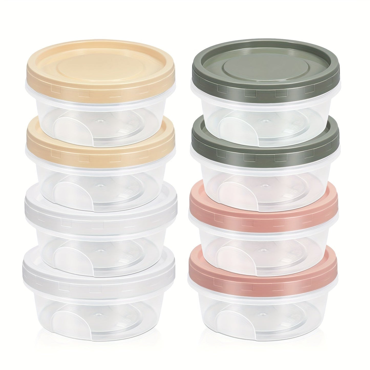 Five pieces of round plastic containers with reusable lids, ideal for storing food, snacks, and lunch. These small freezer storage jars come with screw lids and are microwave safe.