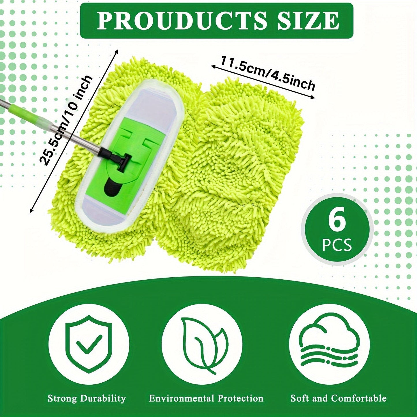 Get a 6-piece set of reusable and washable Home Times Microfiber Mop Pads in green, compatible with sweepers for both wet and dry floor cleaning. Perfect as Christmas or Halloween gifts for household cleaning needs. Experience vibrant green mop pads that