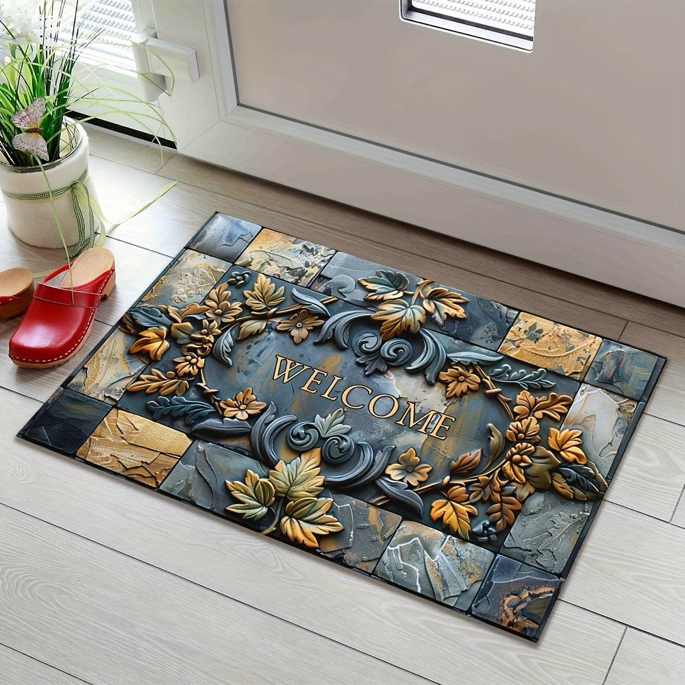 Opulent Welcome Mat with Elegant 3D Stone & Botanical Embossed Design - Features Non-Slip, Waterproof, and Machine Washable Polyester Material Perfect for Indoor and Outdoor Use - Enhance Entryway, Living Room, or Bathroom Décor