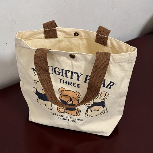 Durable Square Canvas Lunch Bag with Animal Theme Featuring Three Naughty Bear Designs - Hand Washable Tote Perfect for Students and Office Workers.