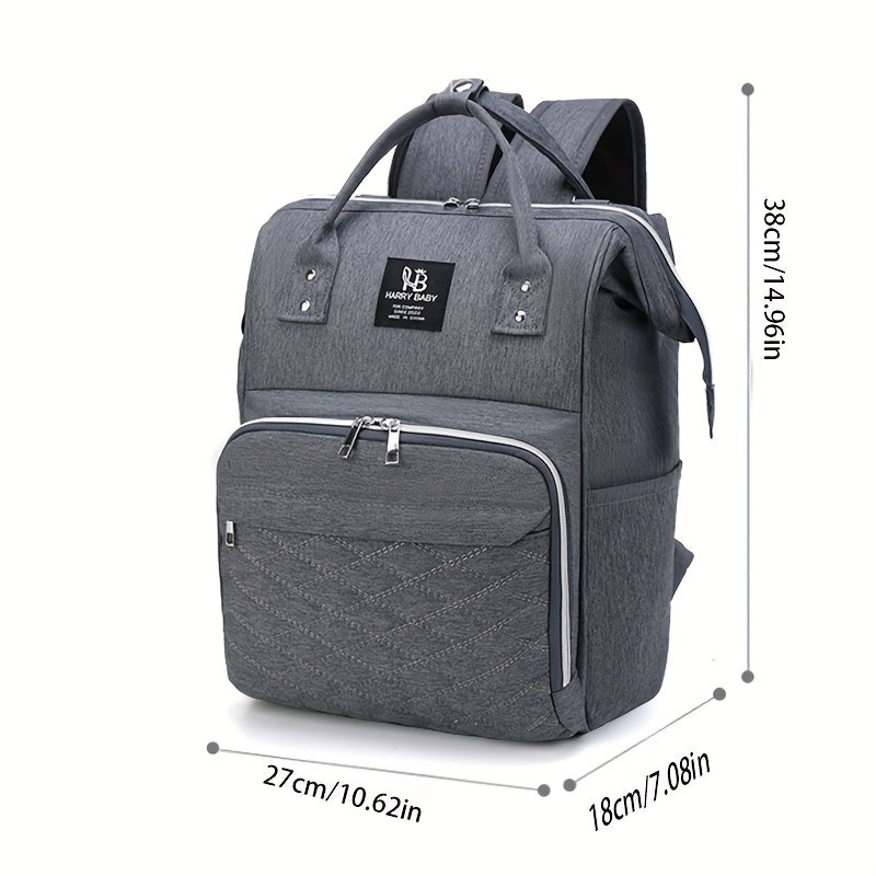 Large waterproof grey mommy backpack with bottle warmer, utility pockets, and soft shell for casual use.