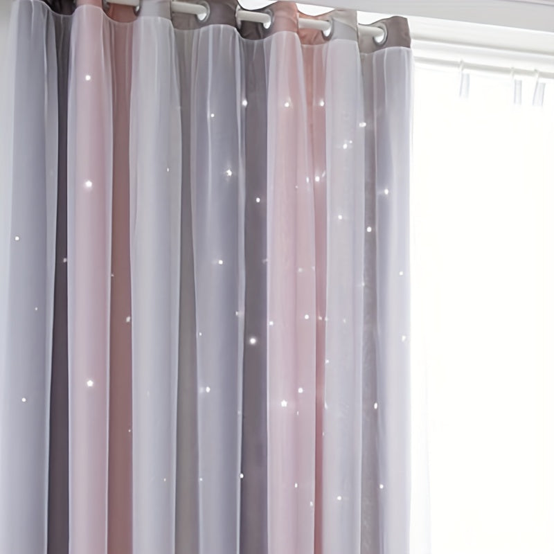 Gray Pink Gradient Star Fabric Sheer Two Layer Curtain, perfect for adding a touch of elegance to your living room, bedroom, office, or home decor.