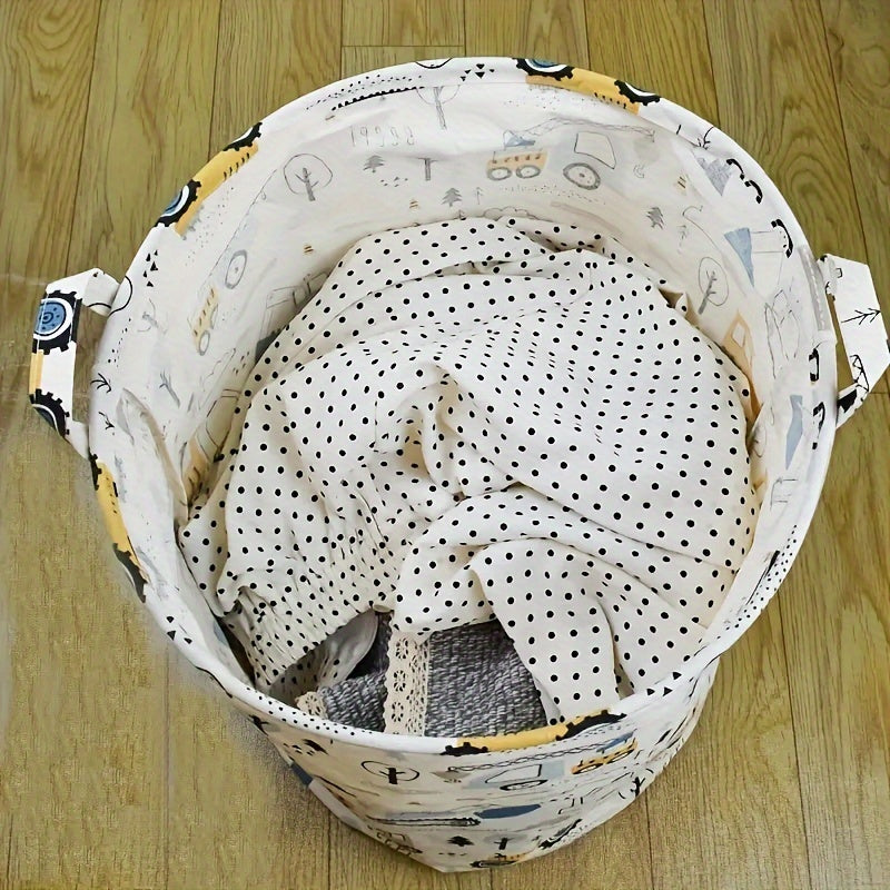 Portable laundry basket with cartoon print, perfect for storing dirty clothes and toys at home.