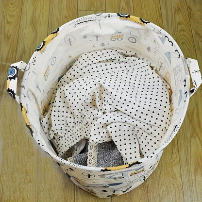 Portable laundry basket with cartoon print, perfect for storing dirty clothes and toys at home.