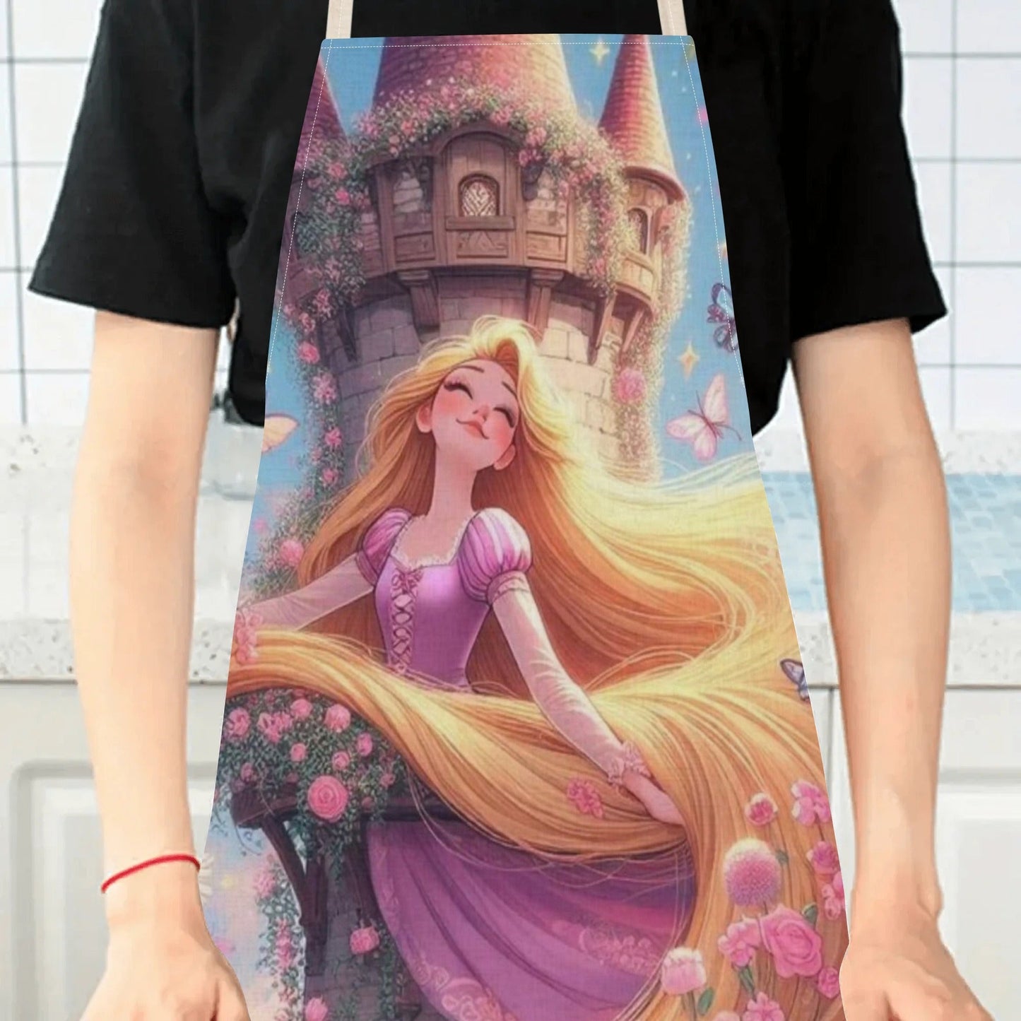 Waterproof Cinderella-themed apron from Disney with a vibrant cartoon print, made of durable polyester, perfect for use at home, hotels, restaurants, and more.