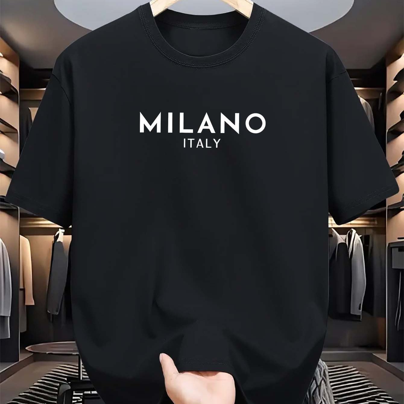 Men's Milano Italy Print T-Shirt, Casual Crew Neck Tee with Polyester Knit Fabric, Summer Short Sleeve Top with Stretch, Fashionable Regular Fit for Adults.