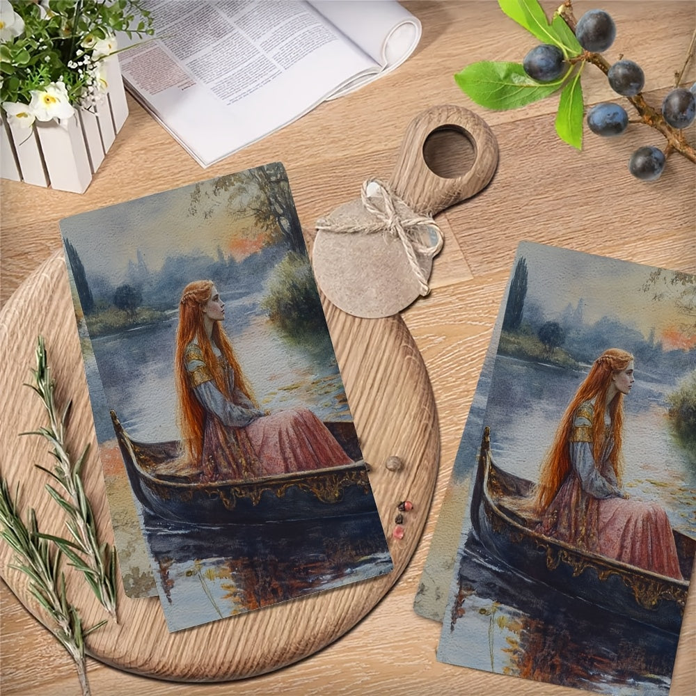 Two pieces of ultra-soft kitchen towels featuring "The Lady of Shalott" by John William Water Scene. These highly absorbent and machine washable dish hand towels measure 40.64x60.96 cm. They are made of contemporary polyester decor, perfect for use in