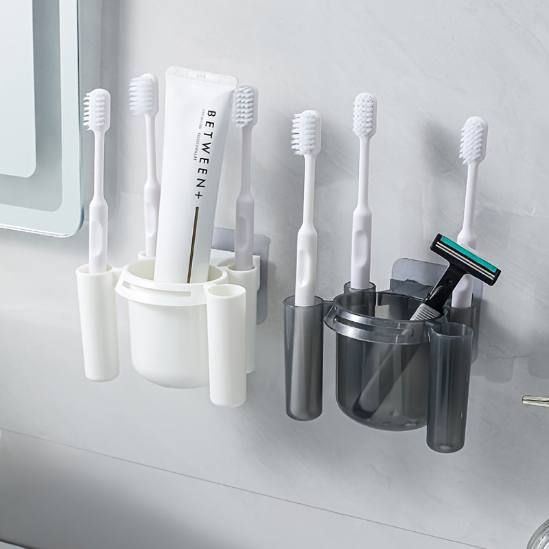 Wall-mounted toothbrush holder for bathroom storage and organization.