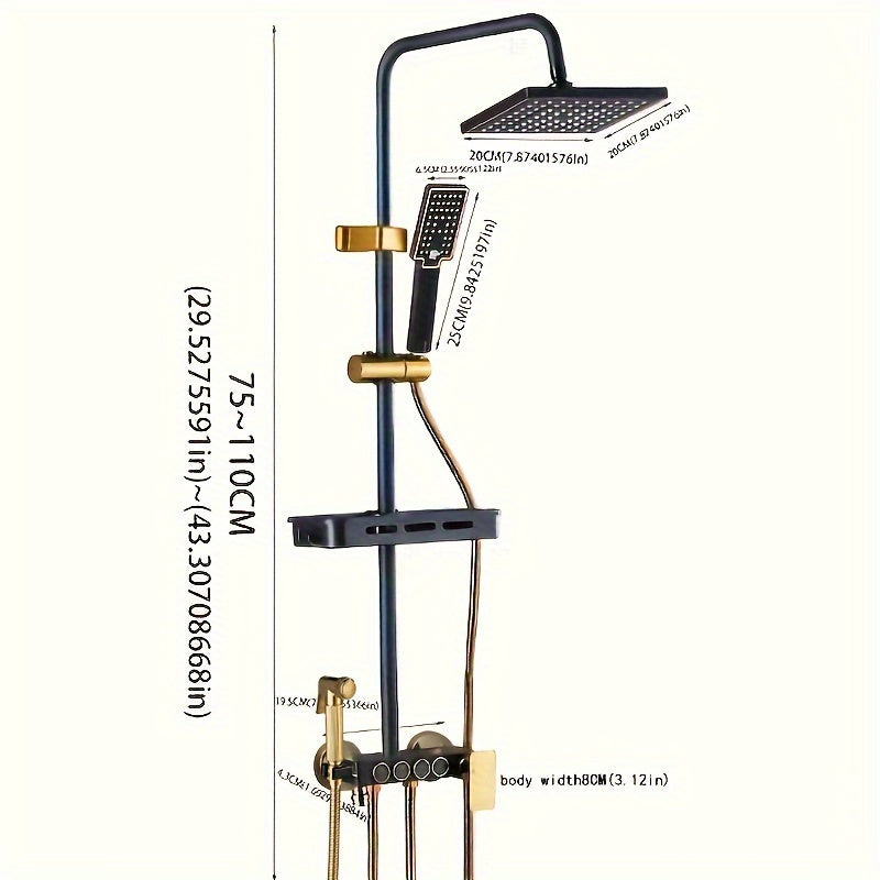 Modern black and gold bathroom shower system with rain showerhead, handheld, tub faucet, and hot/cold water mixer. Made of luxurious brass.