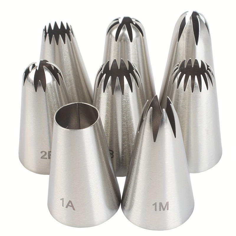 Set of 8 Medium-Sized Stainless Steel Piping Tips for Decorating Cakes, Cupcakes, Cookies, and More - High-Quality Baking Tools Made from Food-Grade Materials