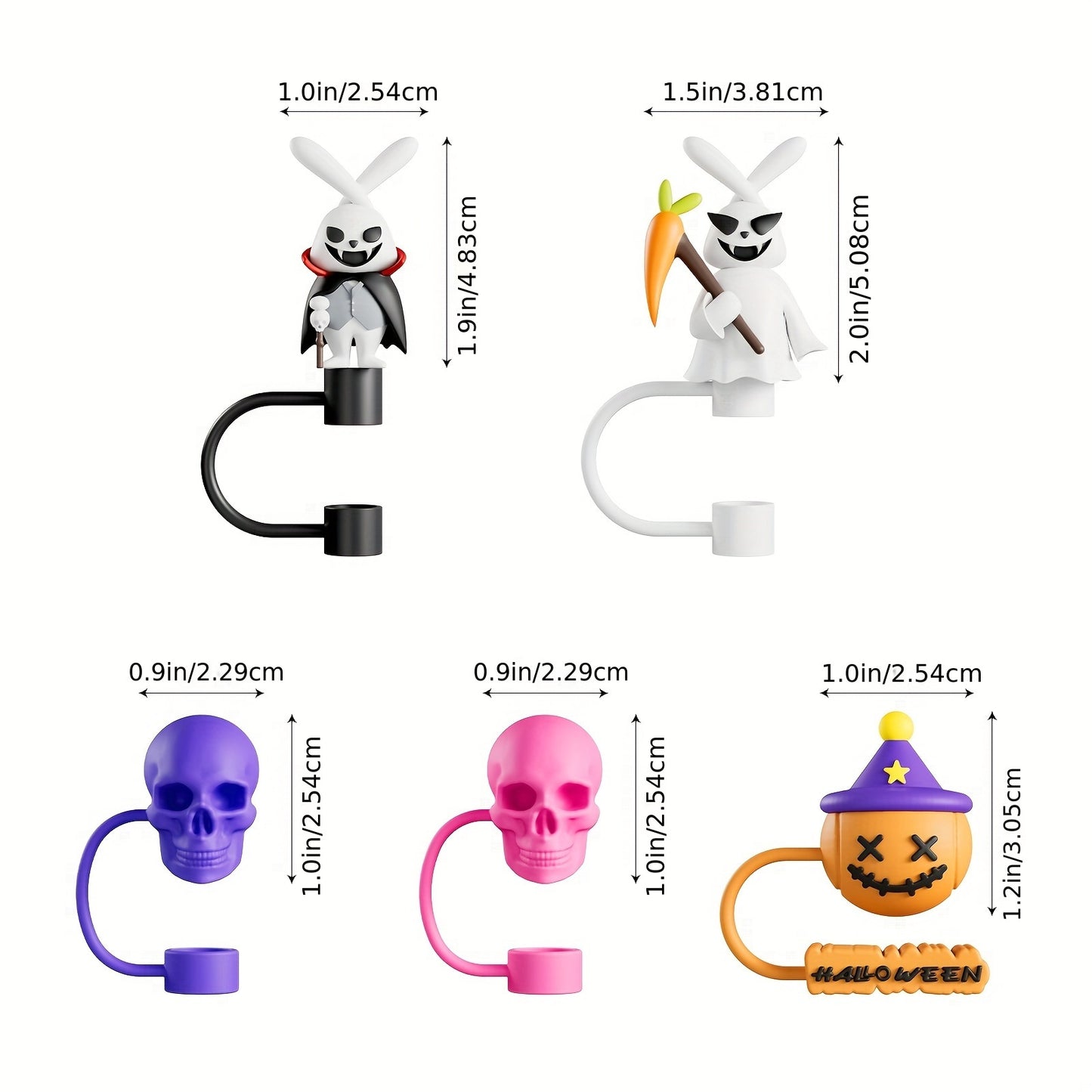 Halloween-themed stainless steel water bottles with BPA-free straw set and fun lids, hand wash only. Includes 6 round bottles and 1 extra straw.