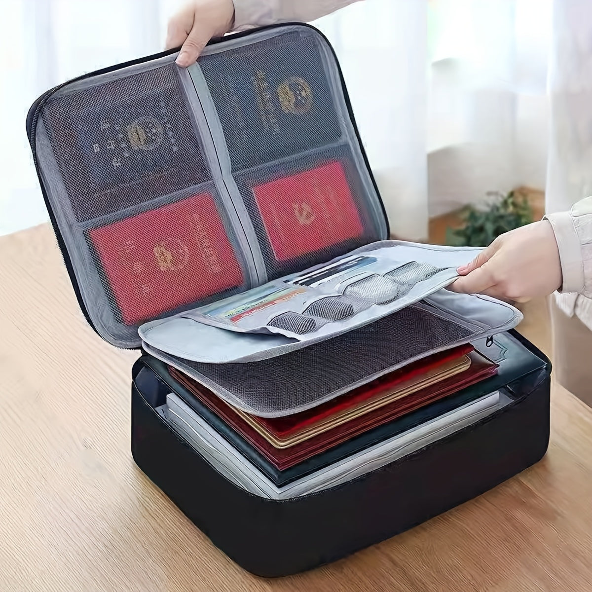 Large capacity multi-layer polyester document organizer for credit cards, driver's license, and important files.