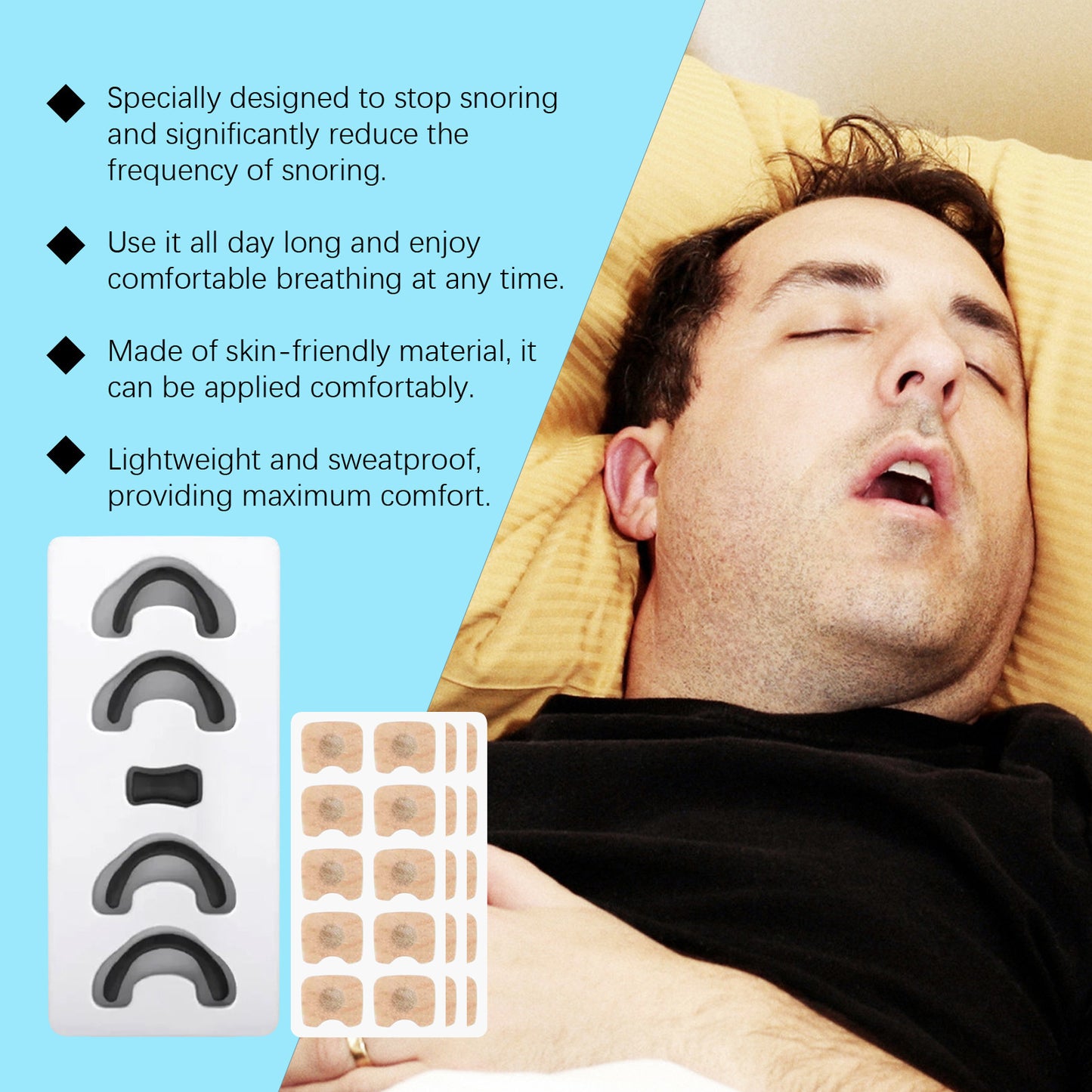 Ximonth Snore Stopper Kit includes 30 Anti-Snoring Nose Patches, 4 Comfort Clips, and a Magnetic Nasal Dilator.