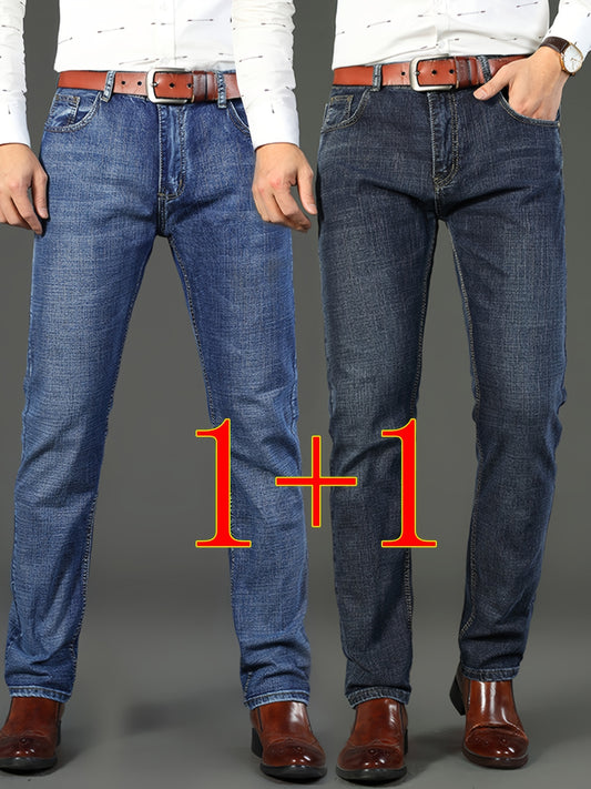 2 Men's Solid Denim Pants with Pockets, Formal Cotton Blend Jeans for Outdoor Activities