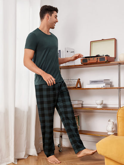 2 Piece Men's Dark Green Pajama Set with Round Neck Short Sleeve Shirt and Plaid Trousers for Cozy Loungewear