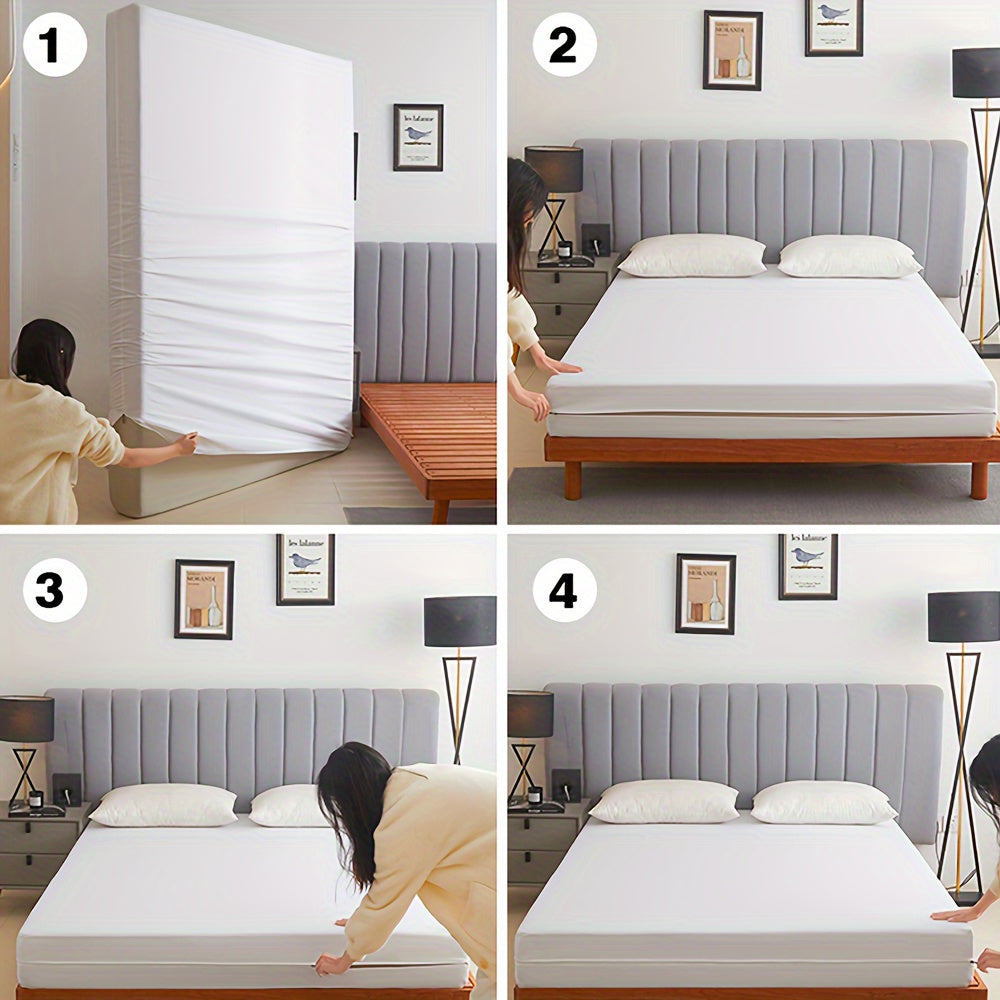 1 piece of fully enclosed waterproof mattress cover with zipper. (No pillowcase included) This dust-proof mattress protector is designed with solid color deep pocket fitted sheet for double bedroom. Available in white or grey.