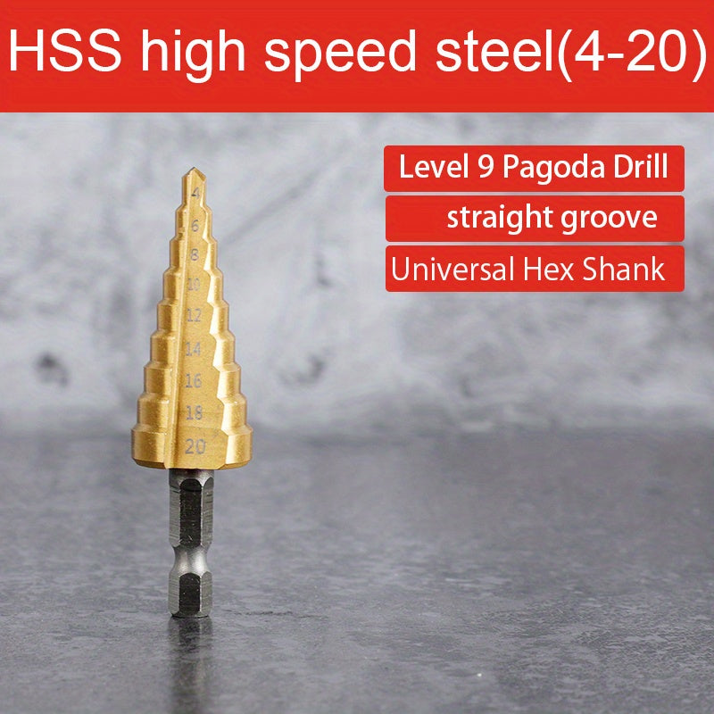 Titanium step drill bit for wood and metal cutting, ranging from 4 to 32mm, featuring high-speed steel and hex head design.