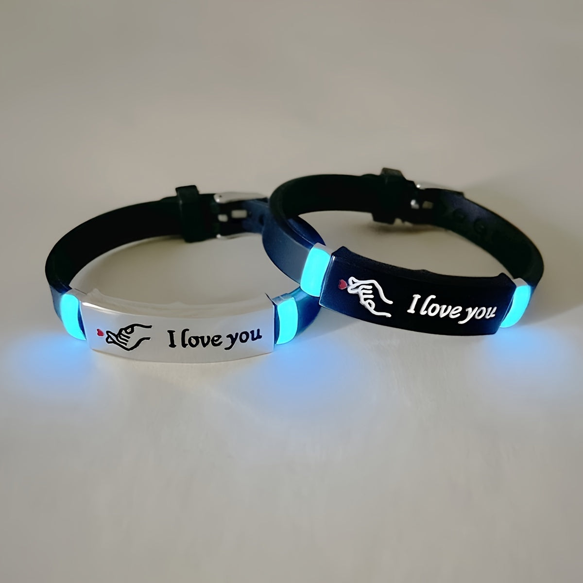 Pair of 2 Glow-in-the-Dark Silicone Couple Bracelets Featuring Hand Heart Gesture