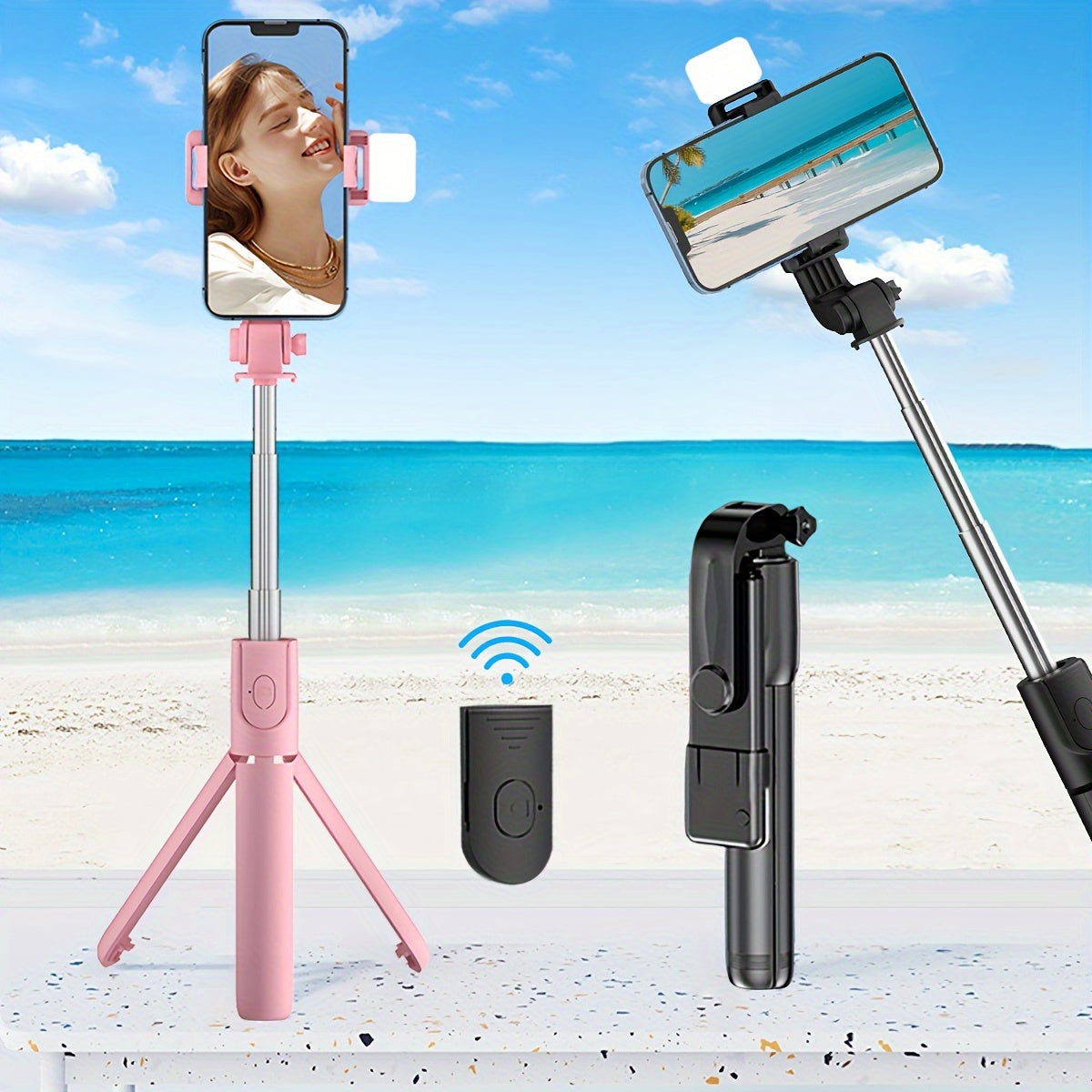 Universal selfie stick with tripod, wireless remote, ring light, built-in battery for live streaming and recording videos.