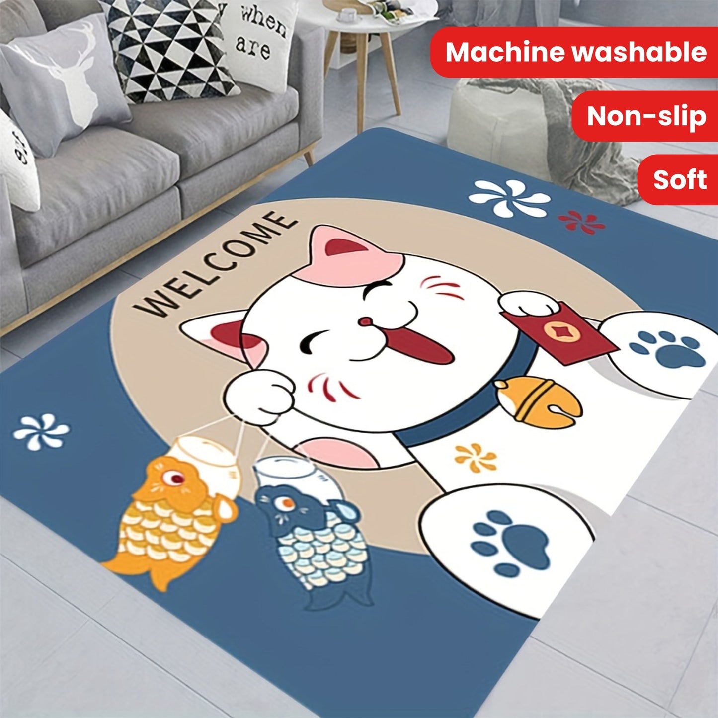 Soft thickened area rug with a Fortune Cat design, providing anti-fatigue comfort and shaggy style for your floors. This home decor essential is machine washable and non-slip, making it perfect for your entrance, living room, bedroom, game room