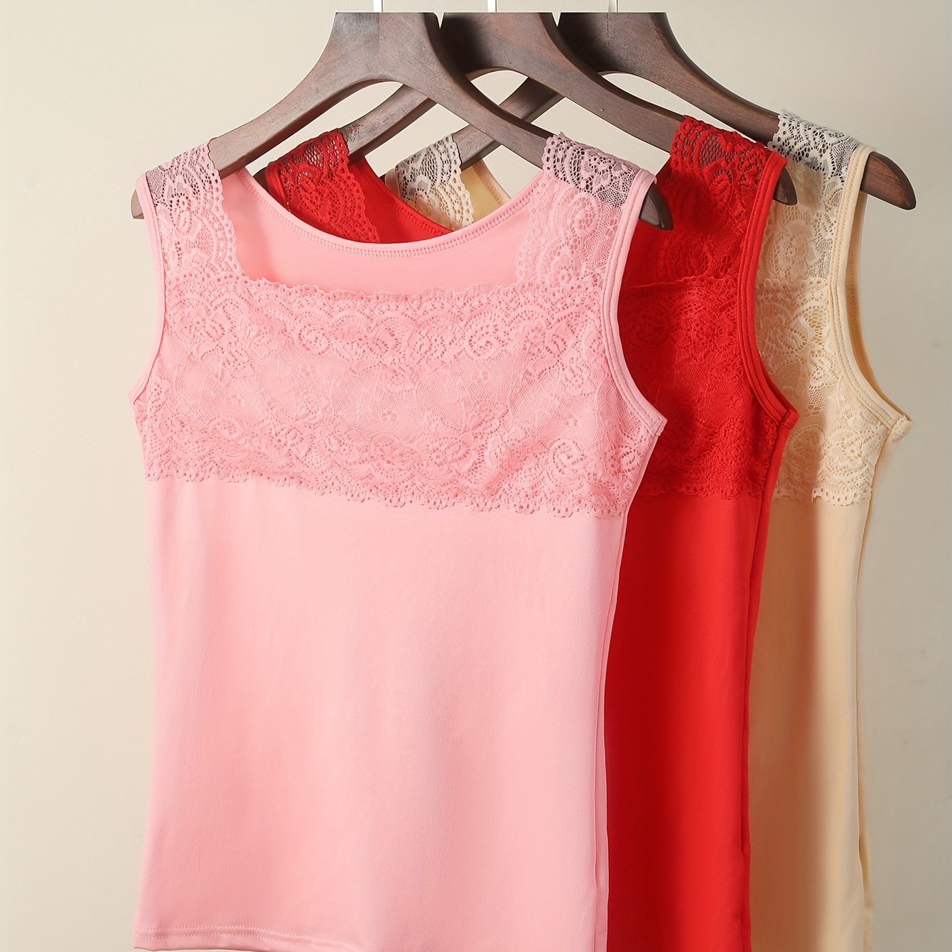 3 Simple Solid Contrast Lace Tank Tops, All-match Women's Vest Tops, Lingerie & Underwear for Women