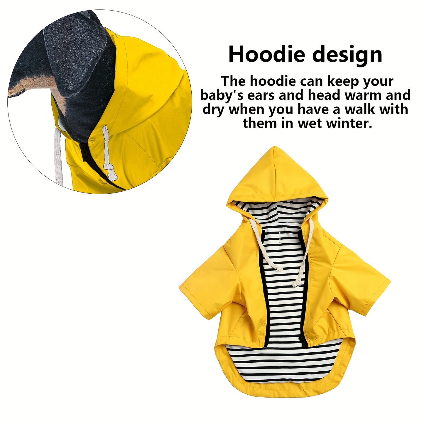 Yellow dog raincoat with reflective strip, buttons, zipper, adjustable drawstring, and detachable hood.