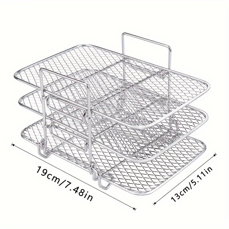 Enhanced Air Fryer Rack made of stainless steel, featuring a multi-tier dehydrator stand with a sleek, tight mesh and curved design. Easily stackable and removable, compatible with NINJA Fryers. Includes an oil brush for added convenience.