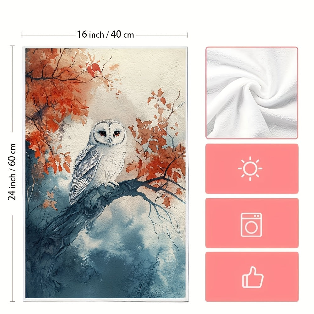 Two ultra soft kitchen towels featuring a serene owl and autumn scenery design. These highly absorbent and machine washable dish hand towels measure 40.64x60.96 cm. Perfect for holiday decor and daily use in the kitchen.