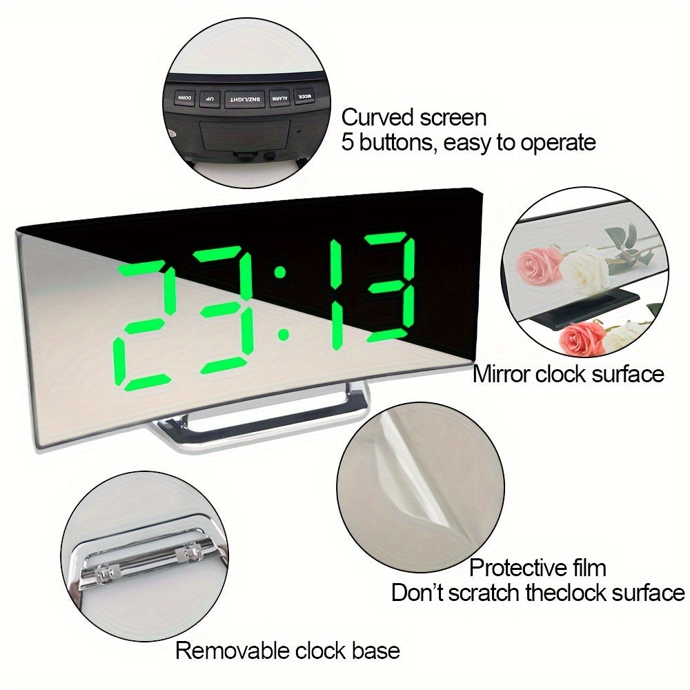 Curved LED Mirror Clock: Silent Alarm, Dimmable, USB/Battery Powered - Ideal Home Decor