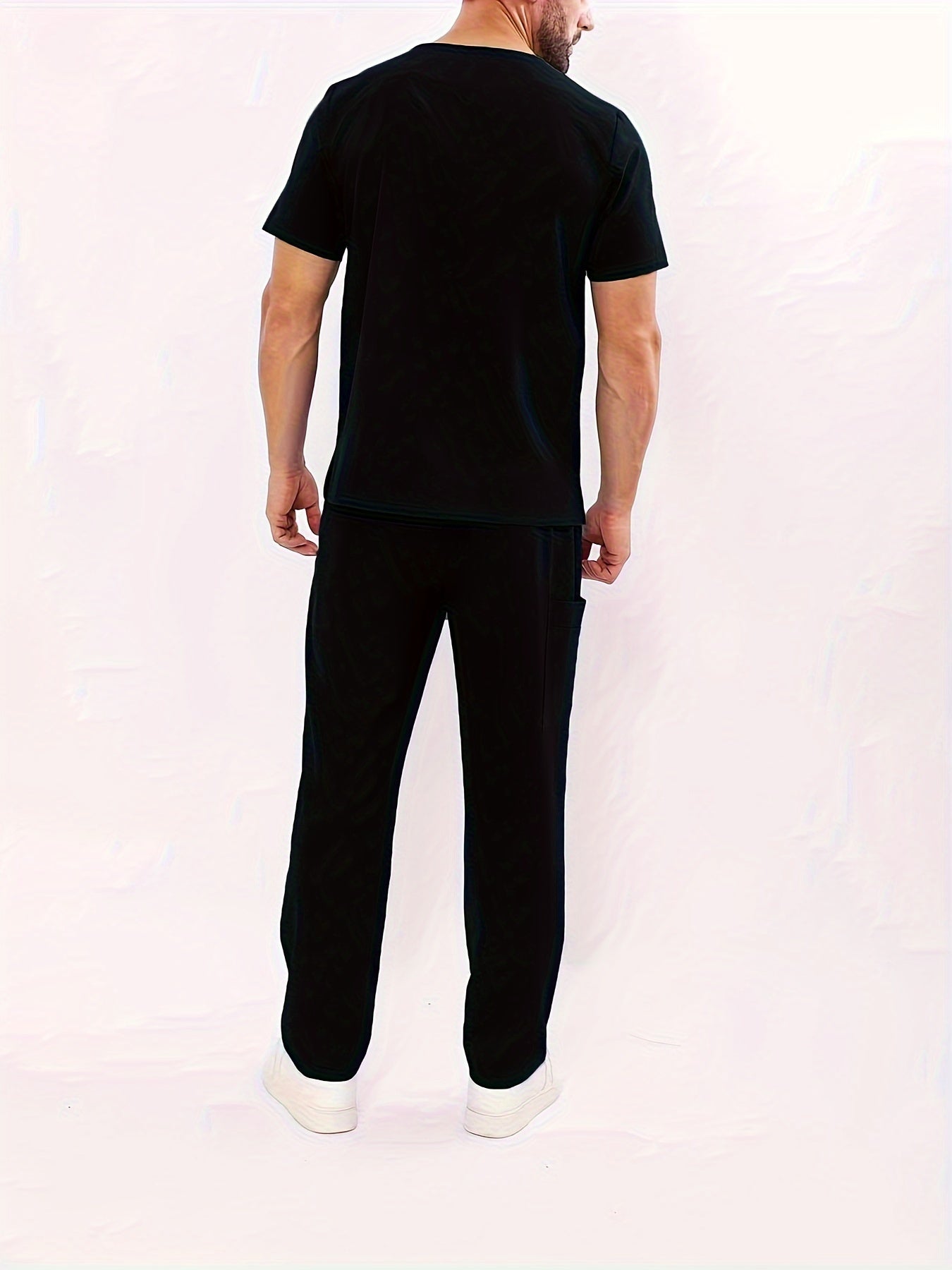 Men's Summer V-Neck Scrub Set with Pockets - Casual, Machine Washable Workwear for Medical Staff