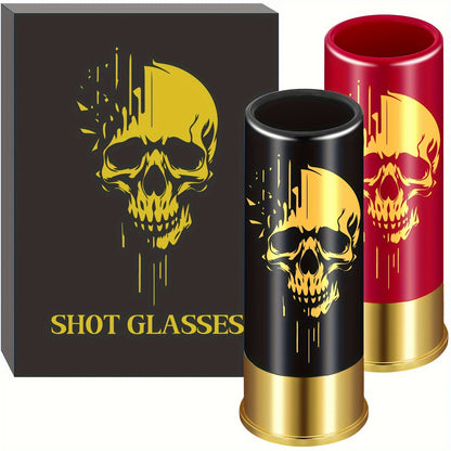 Skull Shot Glasses Set of 2 with reusable plastic design suitable for whiskey, wine, and cocktails. Great gift for men and women.