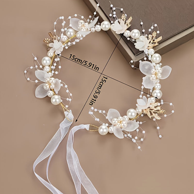 Romantic bridal headpiece with faux pearls, floral wreath, and ribbon tie.