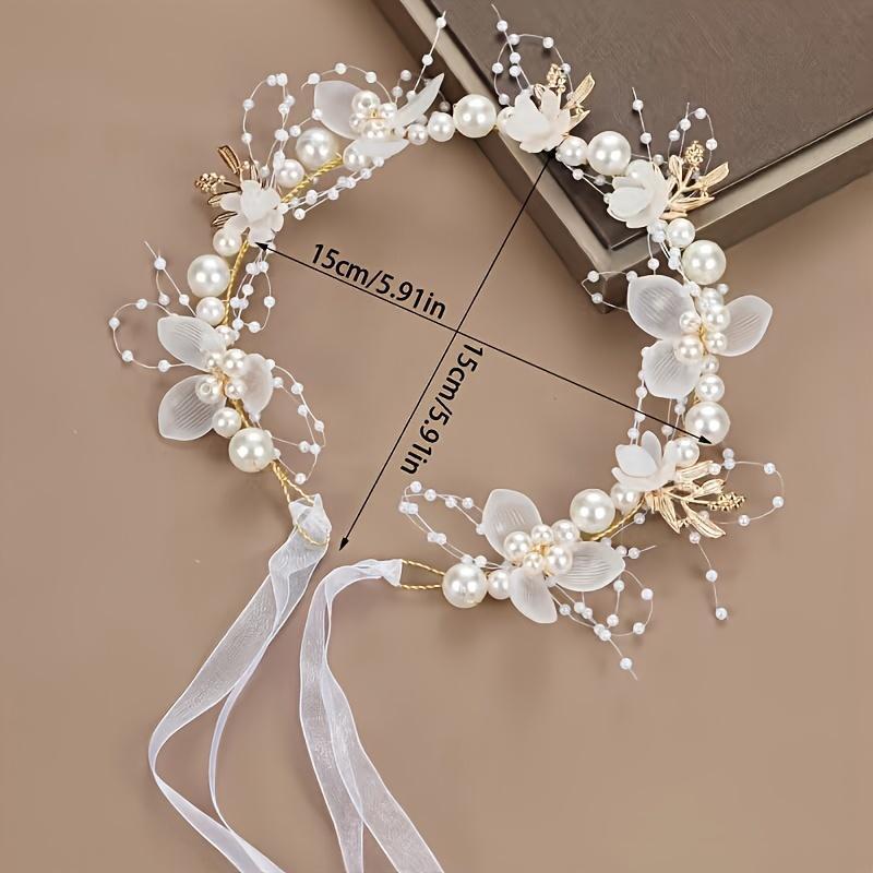 Elegant bridal headband featuring golden leaves, floral wreath, and faux pearls - ideal for weddings & special occasions